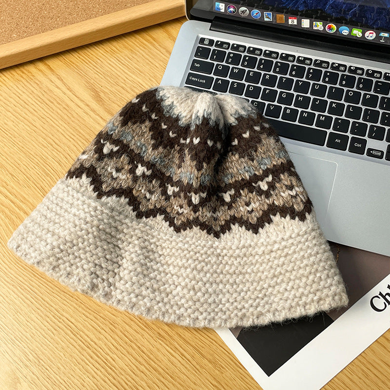 Retro Wool Hat Autumn and Winter Women's Warm Ear Protection Versatile Face Small Color Matching Warm Knitted Bucket Hat
