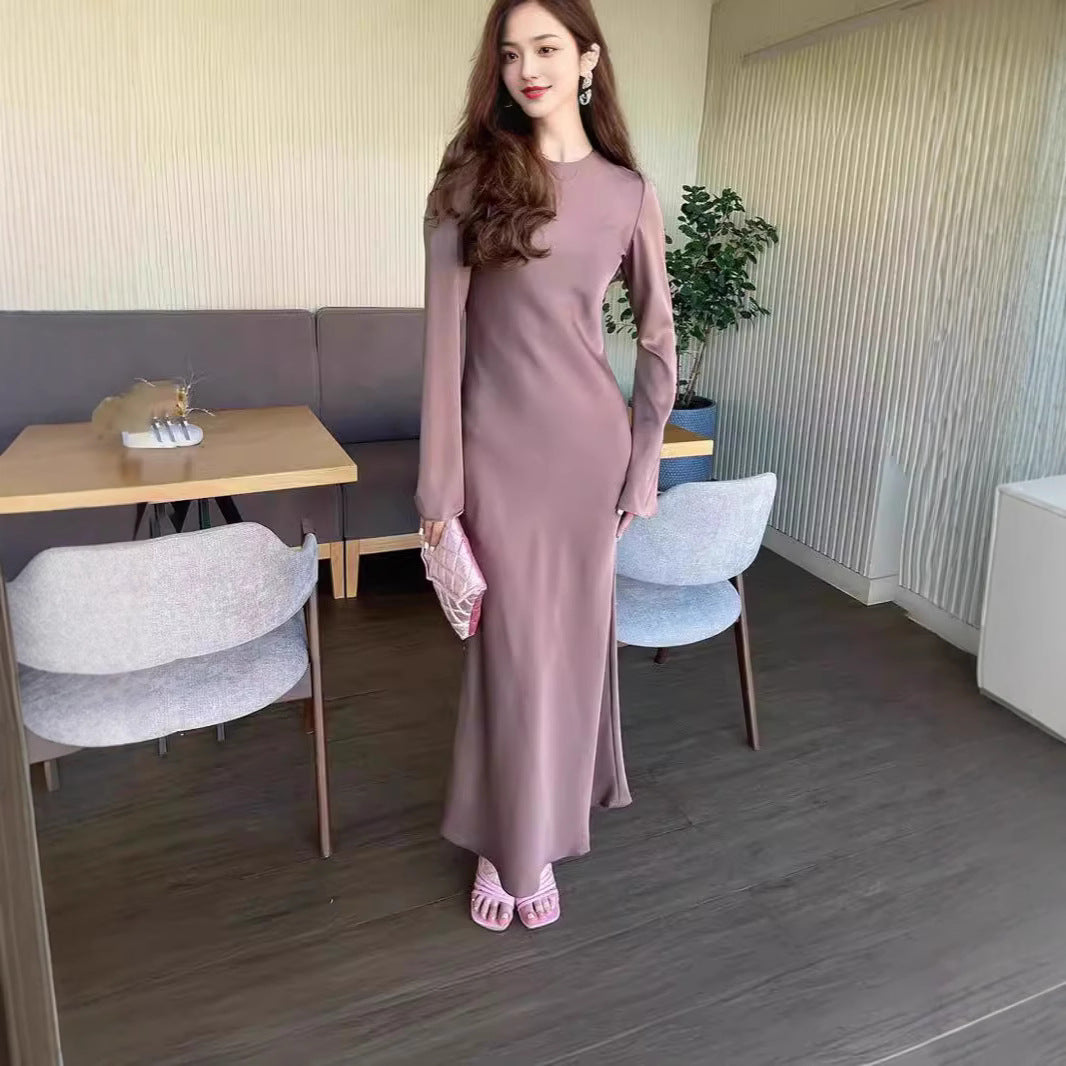 Élégant French Dress: Solid Color, Long Sleeve Bodycon Midi Skirt - Timeless Fall Transition