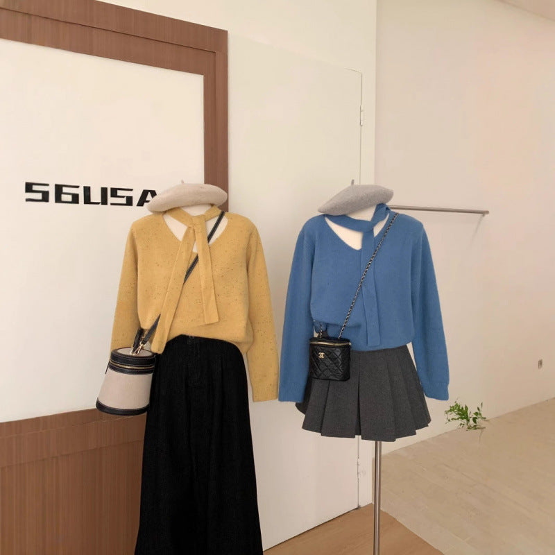 Design Sense Streamer Color Point Soft Waxy Red Sweater Women's New V-neck Bottoming Knitted Sweater