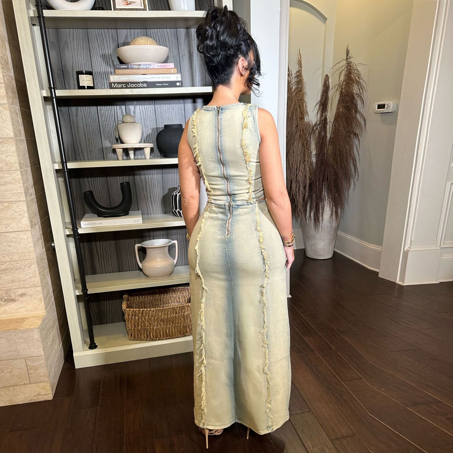 Denim Suit Set - Asymmetric Vest & High-Slit Skirt | Y2K Streetwear Coord Outfit