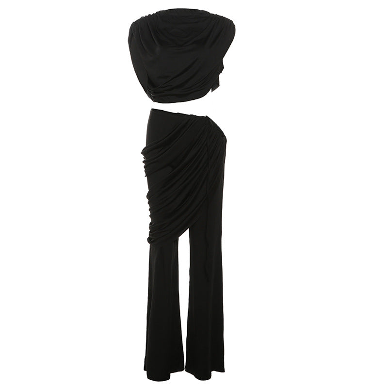 Trendy Women’s Pleated Round-Neck Tee & Asymmetric High-Waisted Trousers Set - Fall Winter Essentials