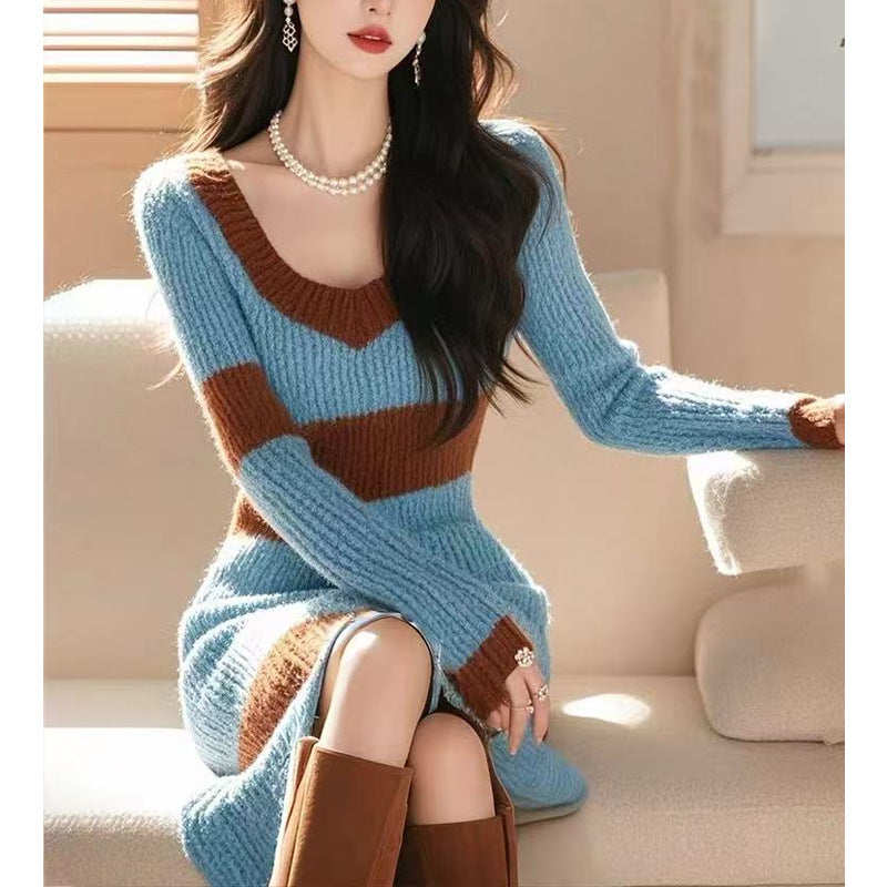 Cozy Blue Knit Dress & Coat Set for Winter, Thermal Chic Holiday Season