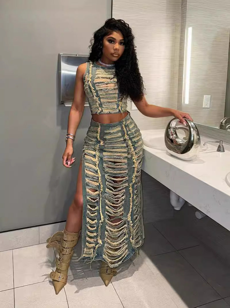 Denim Suit Set - Asymmetric Vest & High-Slit Skirt | Y2K Streetwear Coord Outfit