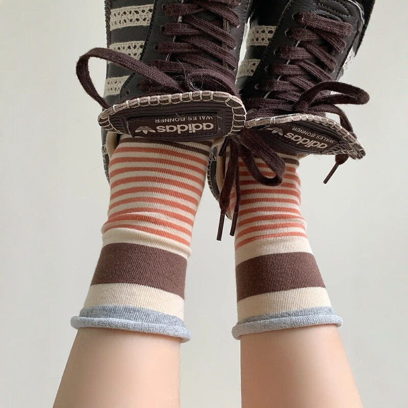 Striped Socks Women's Pure Cotton Medium Tube Spring Summer Color Matching New Thin Hemming College Wind Stacking Socks