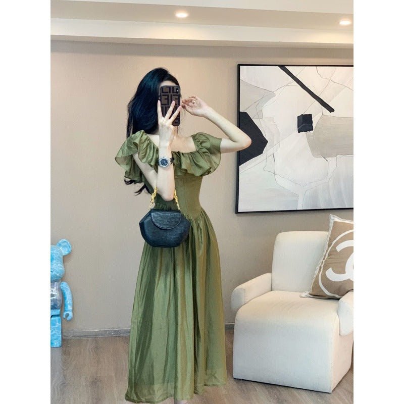 Green one-word shoulder square neck bubble sleeve dress women's summer new temperament long skirt