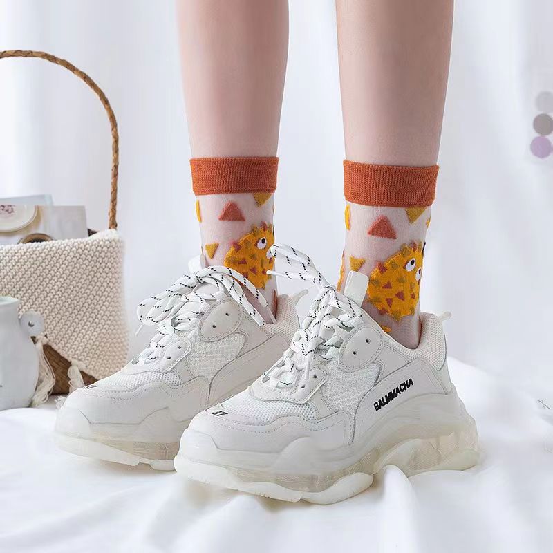 Spring and Summer Women's Socks, Thin Medium Tube Fashion Trendy Socks, European and American Style Flower Glass Stockings