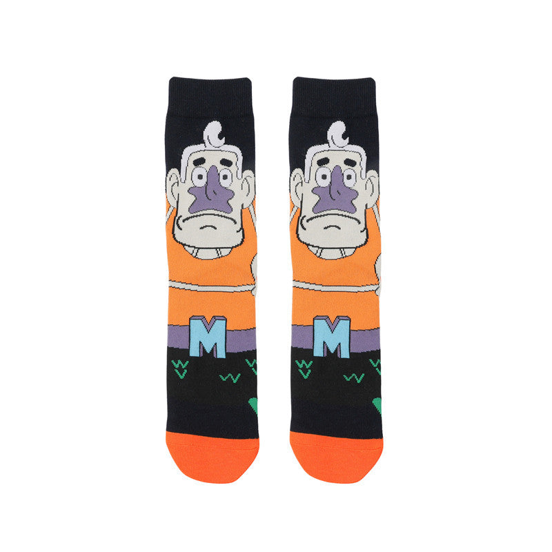 Tide Socks Cotton Cute Animation Socks Cartoon Men's Flower Socks Medium Tube Socks Women's Stockings-5PRS