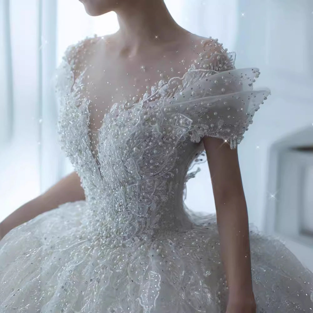 Empire Waist Maternity Wedding Gown | Bump-Friendly Princess Cut & Royal Train | Regal French Alençon Lace Dress