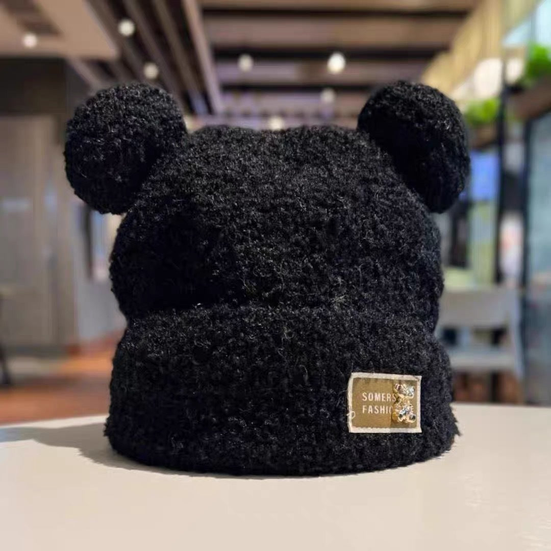 Cute bear wool hat female winter 2024 popular plush warm fluffy autumn and winter big head circumference knitted hat