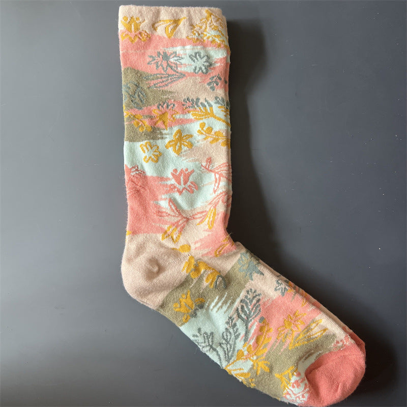 New Product Mid Calf Socks Women Oil Painting Socks Niche Fun Literary and Artistic Color Socks