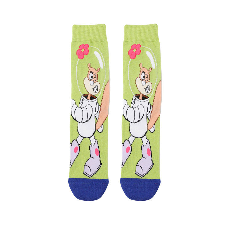 Tide Socks Cotton Cute Animation Socks Cartoon Men's Flower Socks Medium Tube Socks Women's Stockings-5PRS