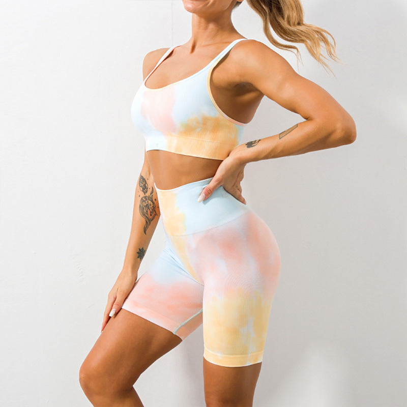 Tie-Dye Yoga Set | High-Waisted Booty Lift Sports Pants & Wireless Shorts | 4-Way Stretch Eco-Friendly Fitness Wear