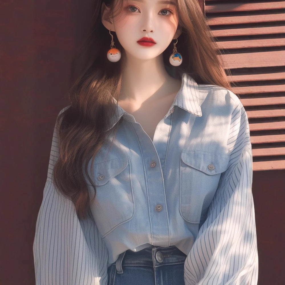 Deconstructed Denim Shirt: Cerulean Wash & Raw Seam Blouse for Women - Art Studio to Office Ageless Statement