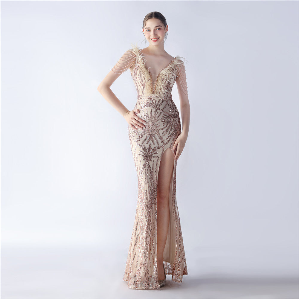 Luxe Feather & Sequin Maxi Gown | Heavy Beadwork