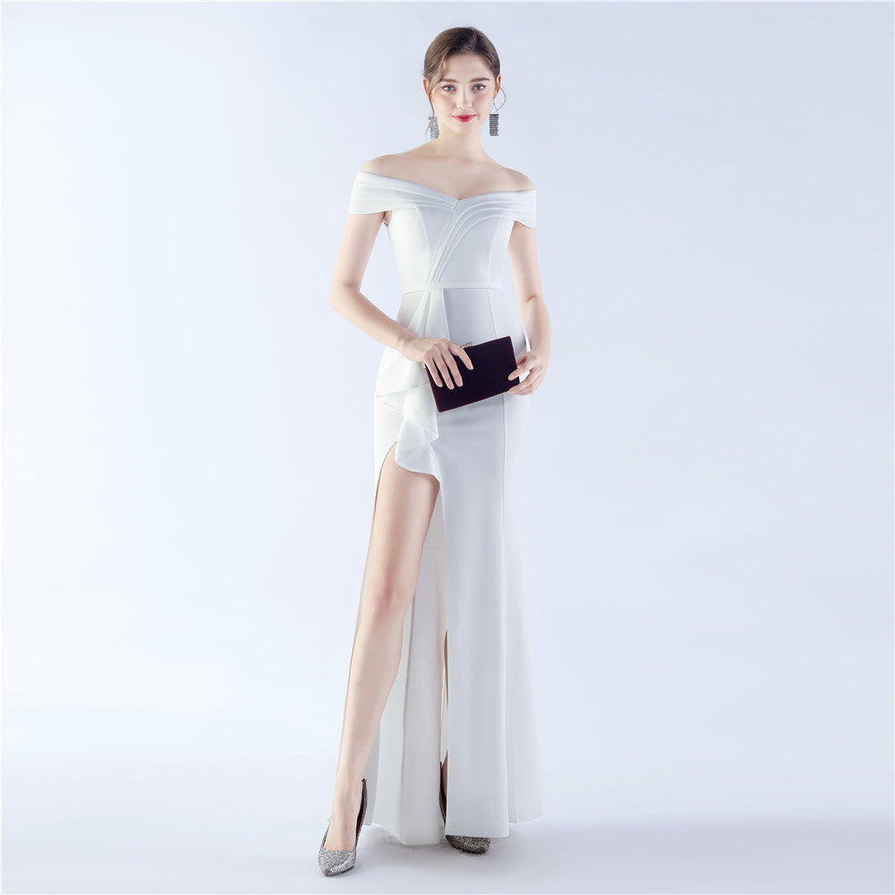 Satin One-Shoulder Evening Gown: Luxe Slit Formal Dress Wedding Guest Party Maxi