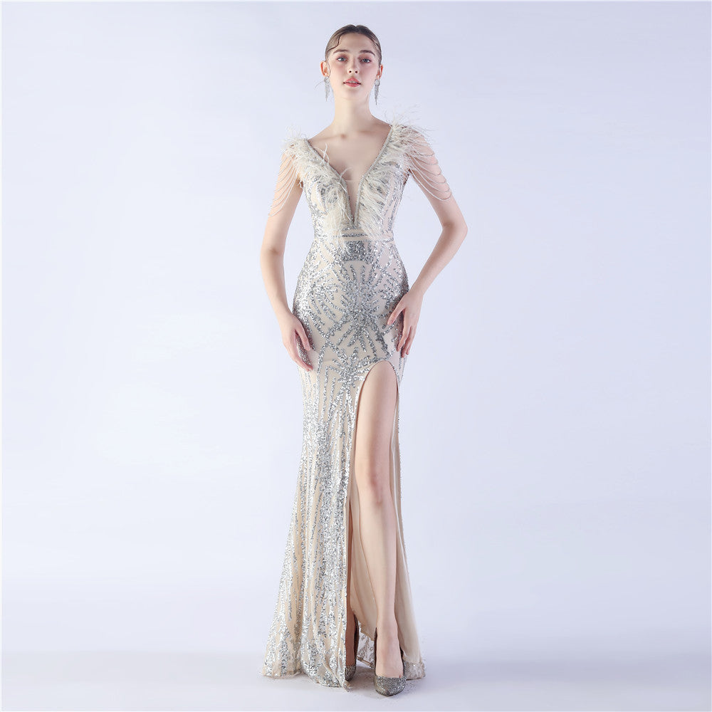 Luxe Feather & Sequin Maxi Gown | Heavy Beadwork
