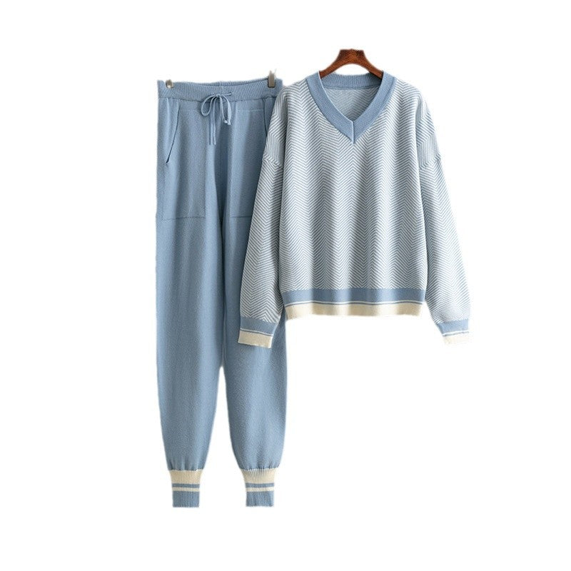 Autumn and winter new sweater set knitted striped V-neck large size loose long-sleeved commuter two-piece set