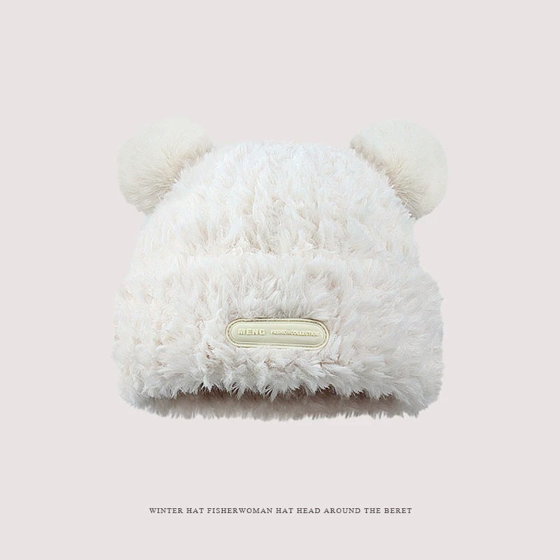 Cute bear wool hat female winter 2024 popular plush warm fluffy autumn and winter big head circumference knitted hat