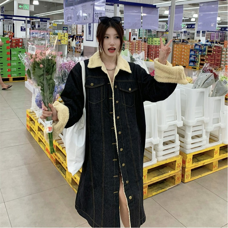 Internet Celebrity Lamb Wool Denim Jacket Loose Fit Thick Warm Street Style Cotton Clothes Trendy Medium Size
