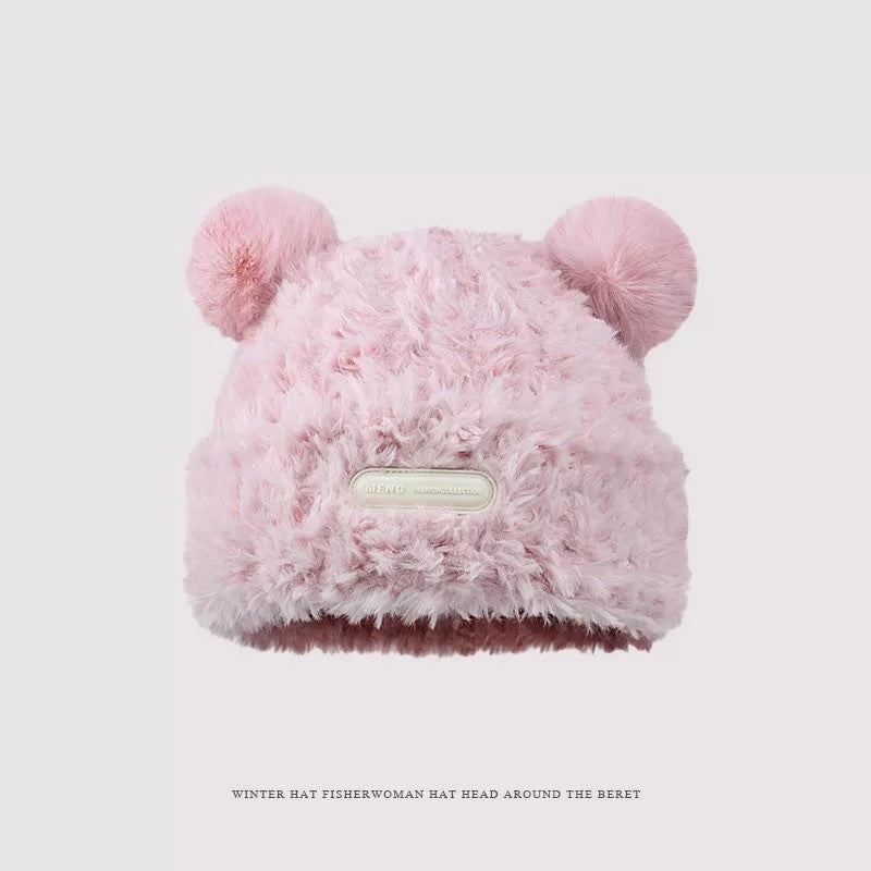Cute bear wool hat female winter 2024 popular plush warm fluffy autumn and winter big head circumference knitted hat