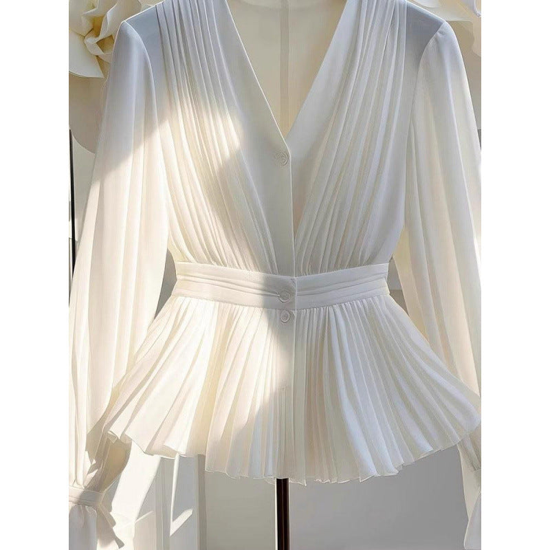 Early autumn new temperament V-neck long-sleeved top light mature French niche unique beautiful shirt light luxury white shirt