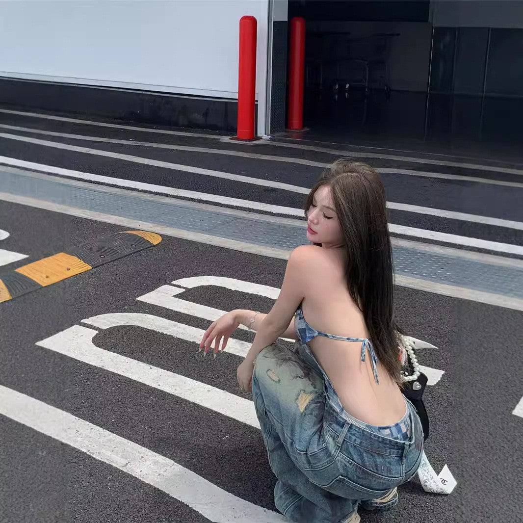Retro Tie-dye Wasteland Wind Ripped Wide-leg Jeans Women's Summer Design Sense High Waist Thin Straight Mopping Pants