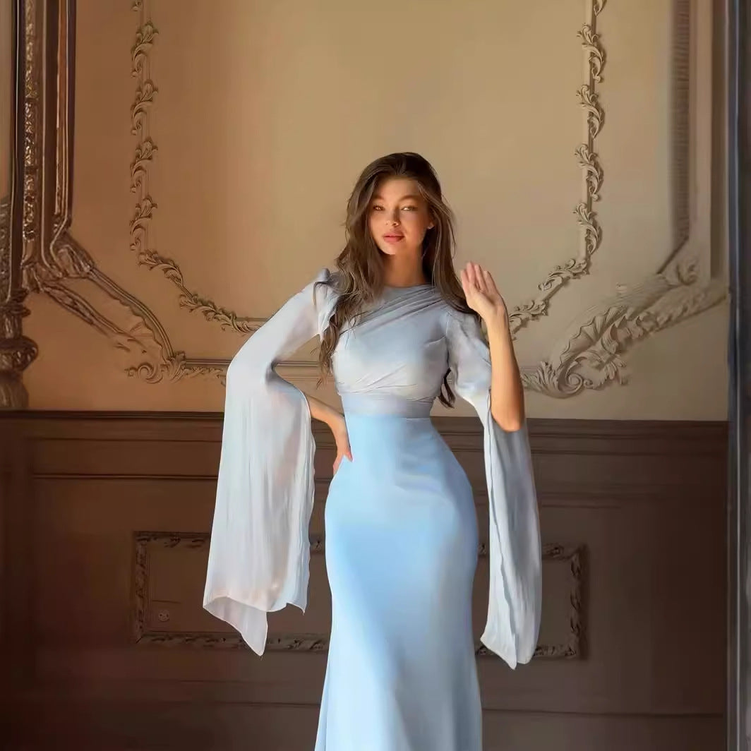 Elegant Summer Sheer Bell Sleeve Slim Satin Maxi Dress – Trendy Party Wear