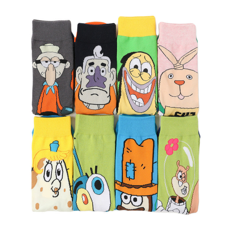 Tide Socks Cotton Cute Animation Socks Cartoon Men's Flower Socks Medium Tube Socks Women's Stockings-5PRS