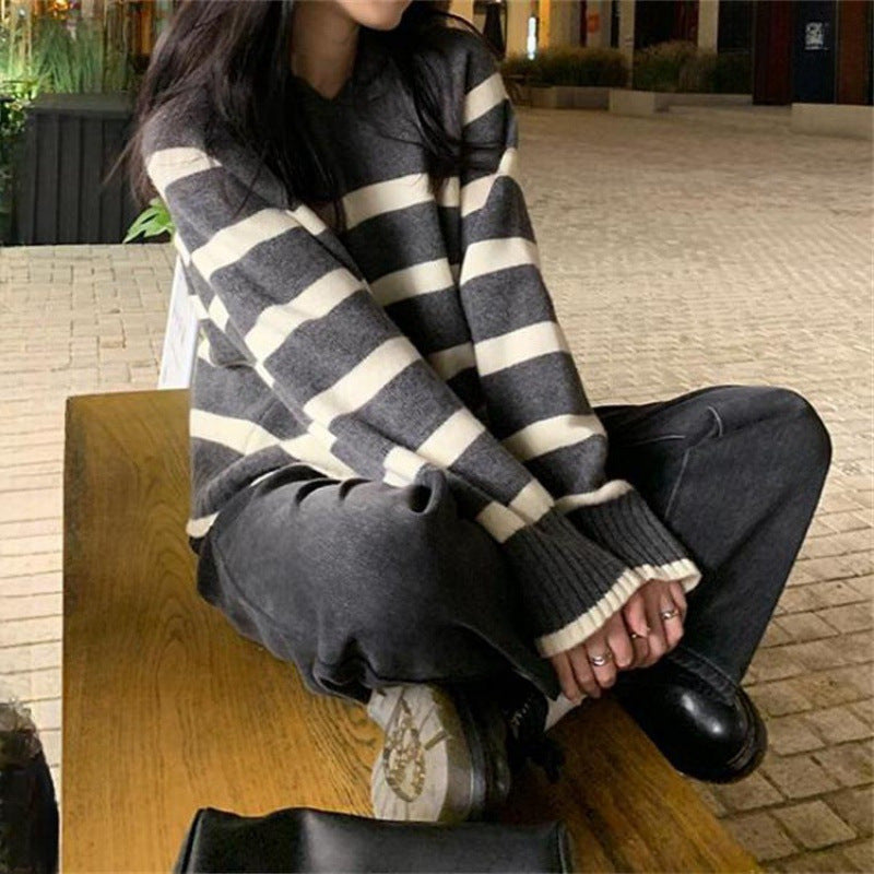 Retro Striped Hooded Sweater Women's Autumn and Winter Lazy Wind Long-sleeved Contrasting Color Knitted Sweater