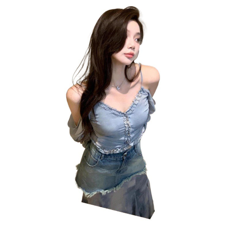 Retro Lotus Leaf Edge Splicing Denim Skirt Summer New High Waist Rough Edge Design Fairy Dress