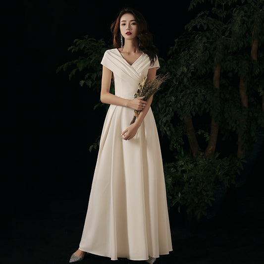 White Annual Meeting Evening Dress New Spring and Winter Banquet Temperament Satin Wedding Certificate Travel Photo Light Wedding Dress V-neck