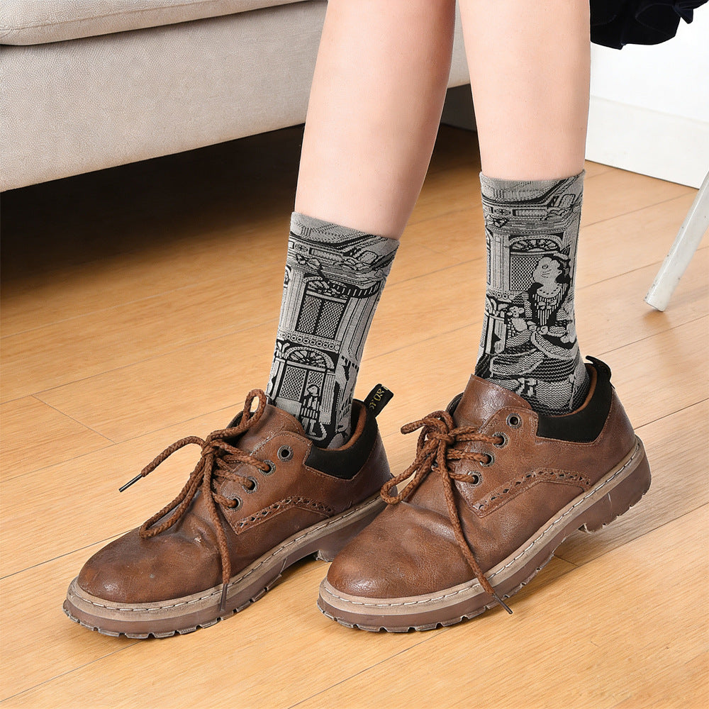 Spring and summer new art students, designer art tube socks children's trendy socks versatile black and white color scheme women
