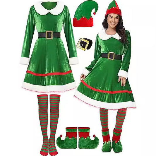 Women's Christmas Elf Costume Set Velvet Dress Belt Striped Over Knee Stockings Elf Hat Character