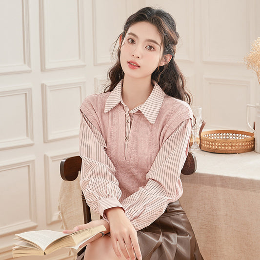 Spring New Sweet Fake Two-piece Contrasting Striped Long-sleeved Shirt Women's Design Sense Splicing Knitted Top