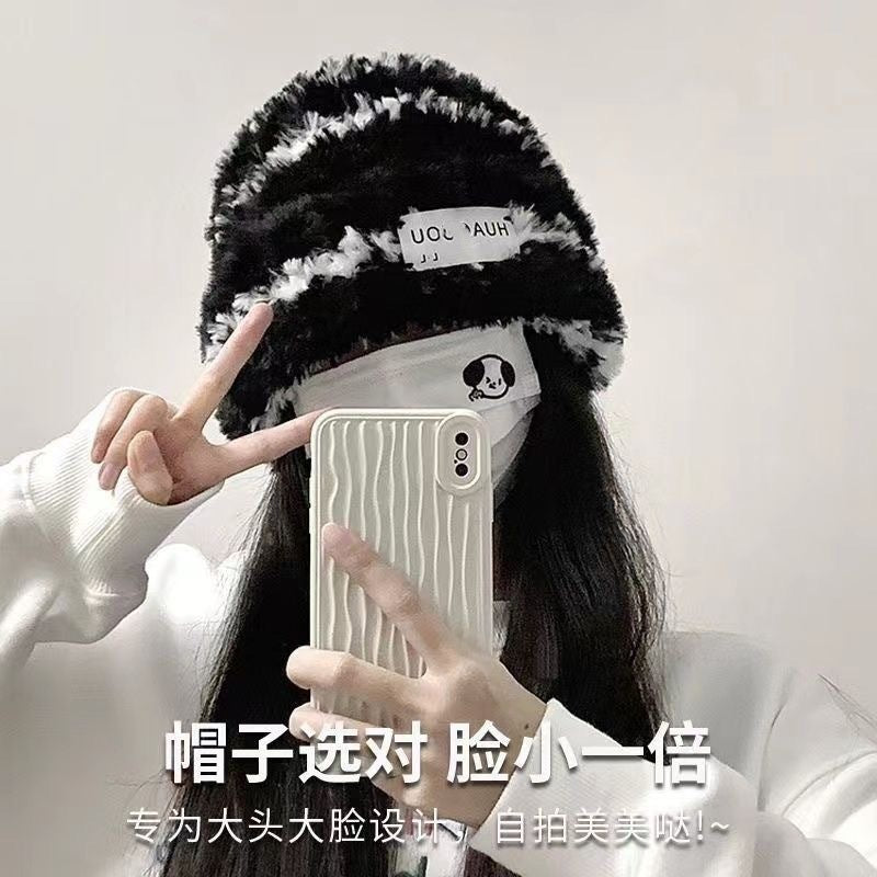 New Knitted Hat Children's Winter Wool Stripes Show A Small Face Plush Warm Thickened Large Head Circumference Ear Protectors Stacking Hat