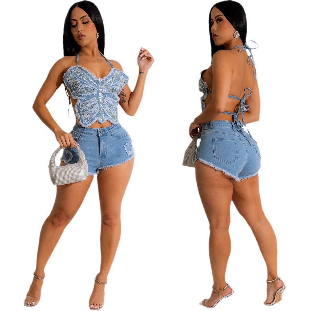 Sparkling Butterfly Strap Denim Top - Distressed Wash & Raw Hem for Summer Vibes