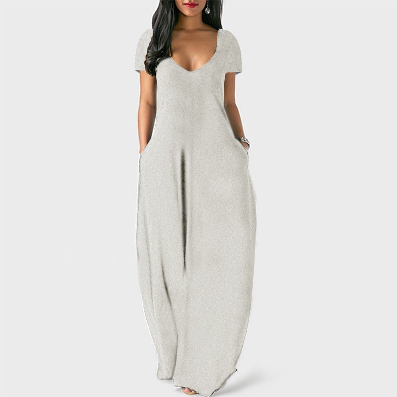 Summer Trending Plus Size Solid Color Maxi Dress - Sexy Deep V-Neck Short Sleeve