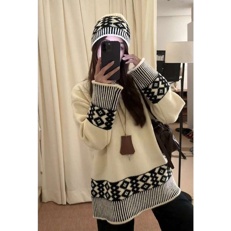 Retro Jacquard Knitted Sweater for Autumn and Winter Wear with Lazy Sweater Loose Top with Cap Set
