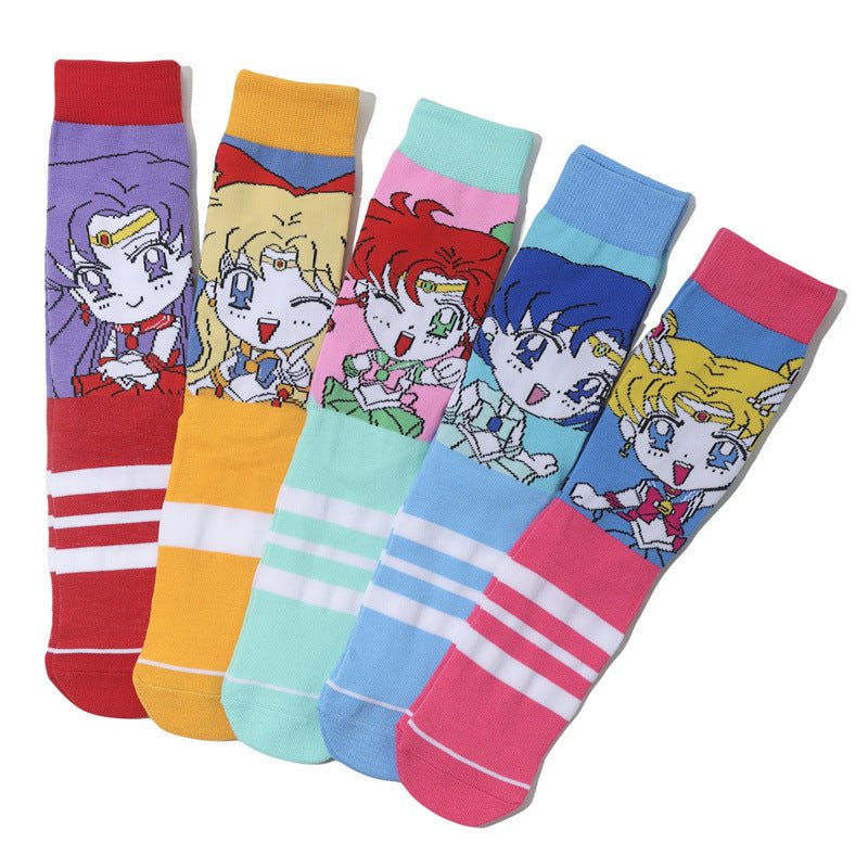 Female Casual Cotton Medium Tube Sailor Moon Anime Manga Day Man Women's Socks-5prs