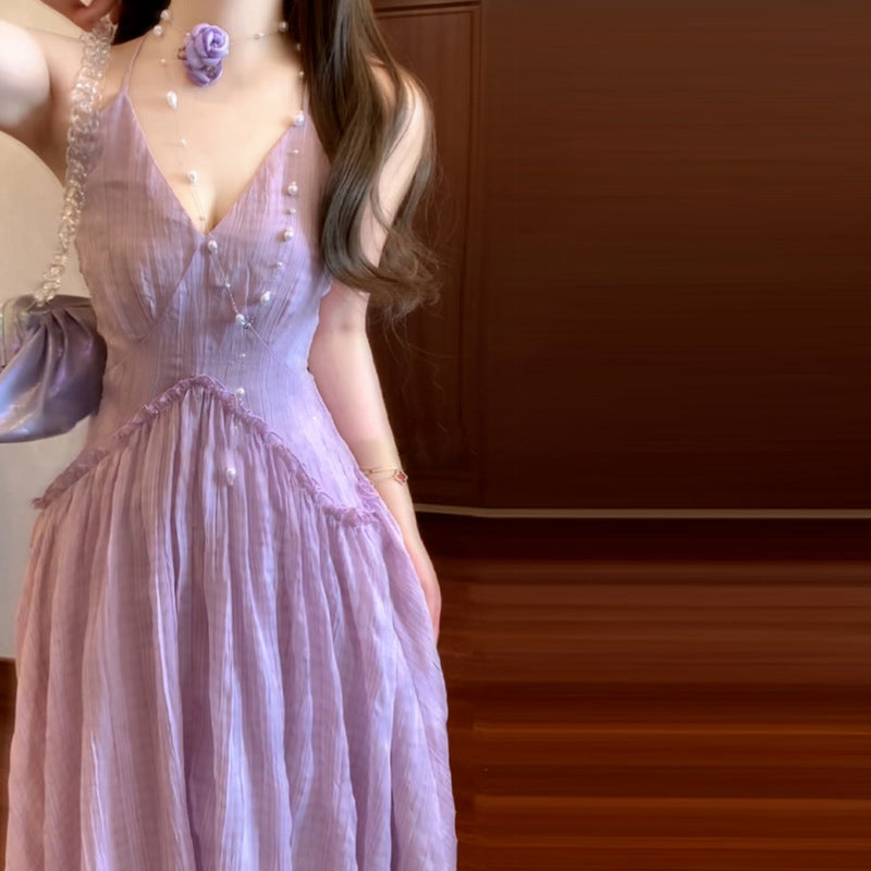 Summer Viral Backless Lilac Suspender Dress for Girls | French-Inspired Seaside Vacation Dress with Breathable Beachwear Design