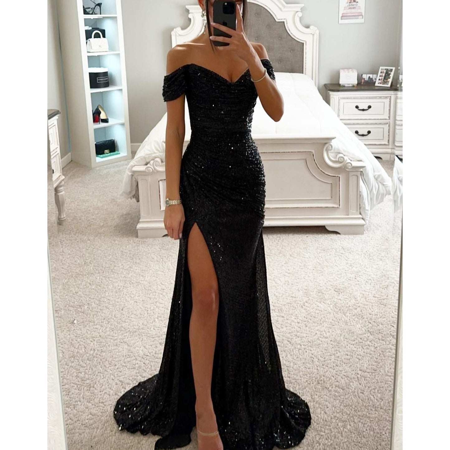 New Party Sequins One-word Collar Split Dress INS Casual Fashion Dress Women
