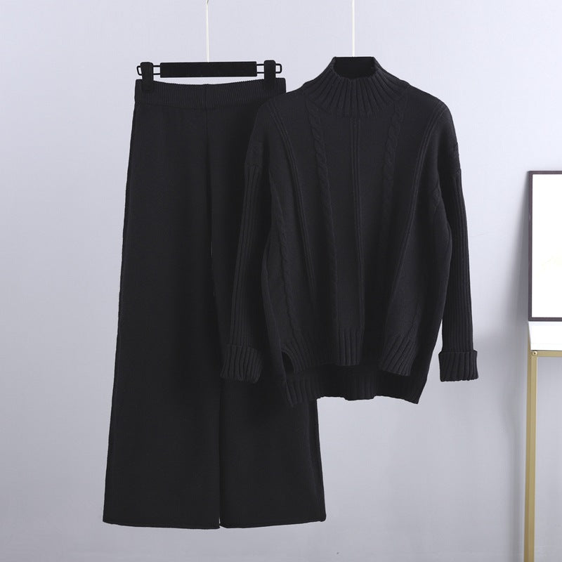 High-end Semi-turtleneck Sweater Wide-leg Pants Set Women's Autumn and Winter New Fashion Age-reducing Knitted Two-piece Set