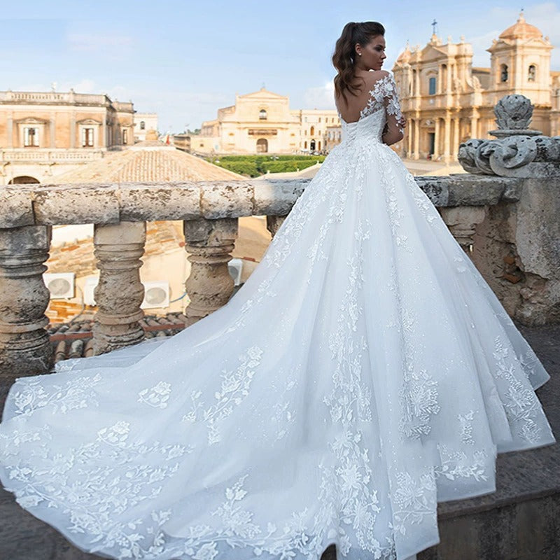 Ethereal V-Neck Wedding Gown | Vintage-Inspired Train & Long Sleeves | Fairy Mori Princess Silhouette