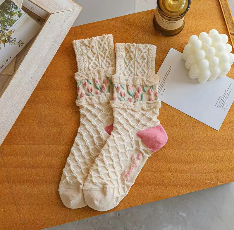 Socks Women's Autumn and Winter Long Socks Mori Tulips Versatile Women's Stacking Socks Flower Series Spring and Summer Long Tube