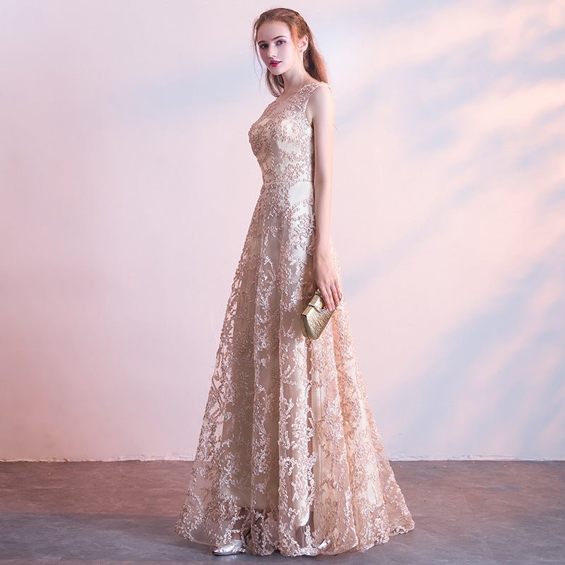 Evening dress new banquet host long thin sleeveless temperament socialite lace champagne dress