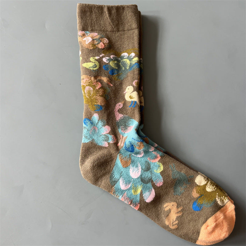 New Product Mid Calf Socks Women Oil Painting Socks Niche Fun Literary and Artistic Color Socks