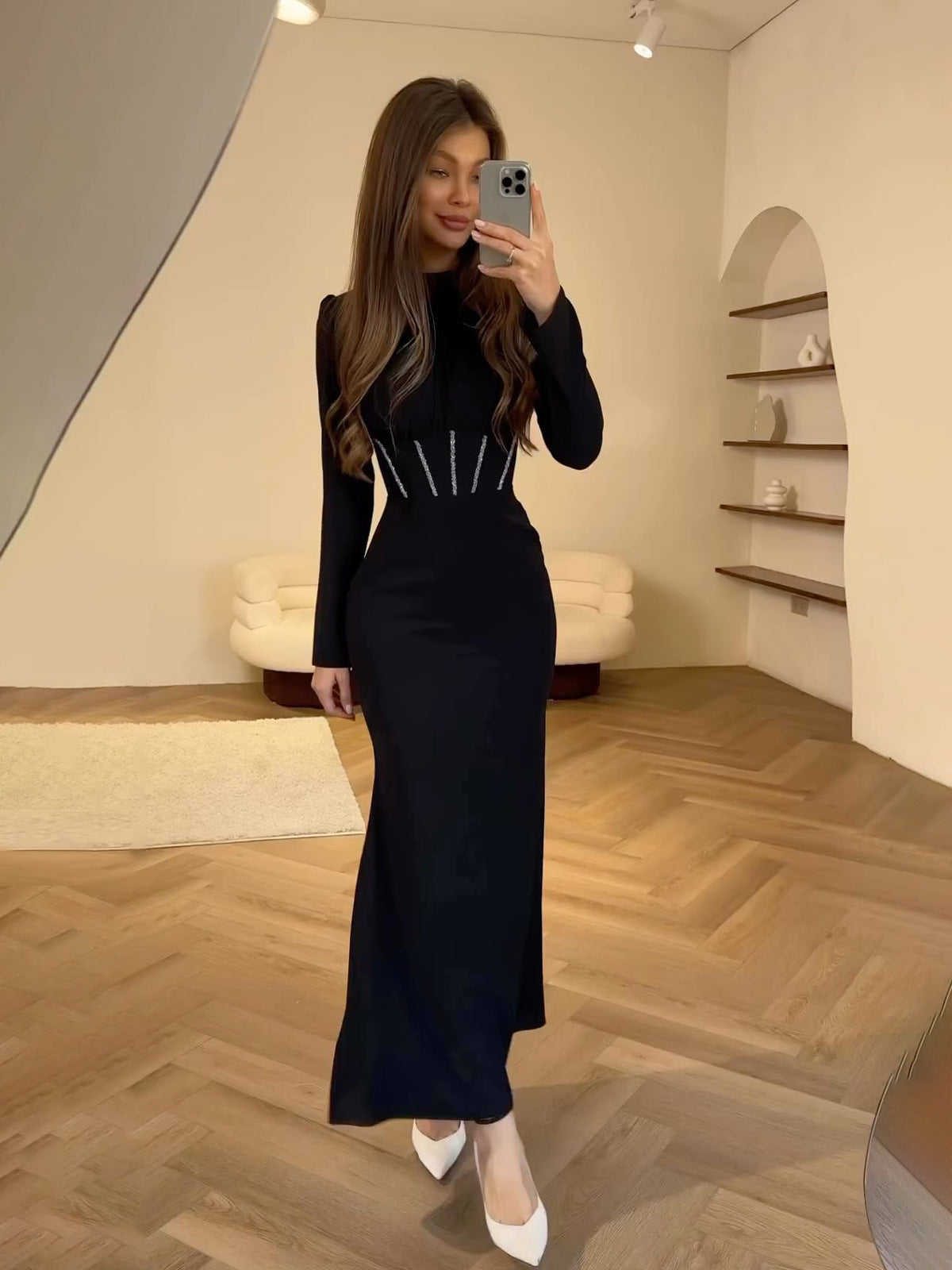 Runway Halter Evening Dress - Red Carpet Asymmetric Hem Long Sleeve Gown