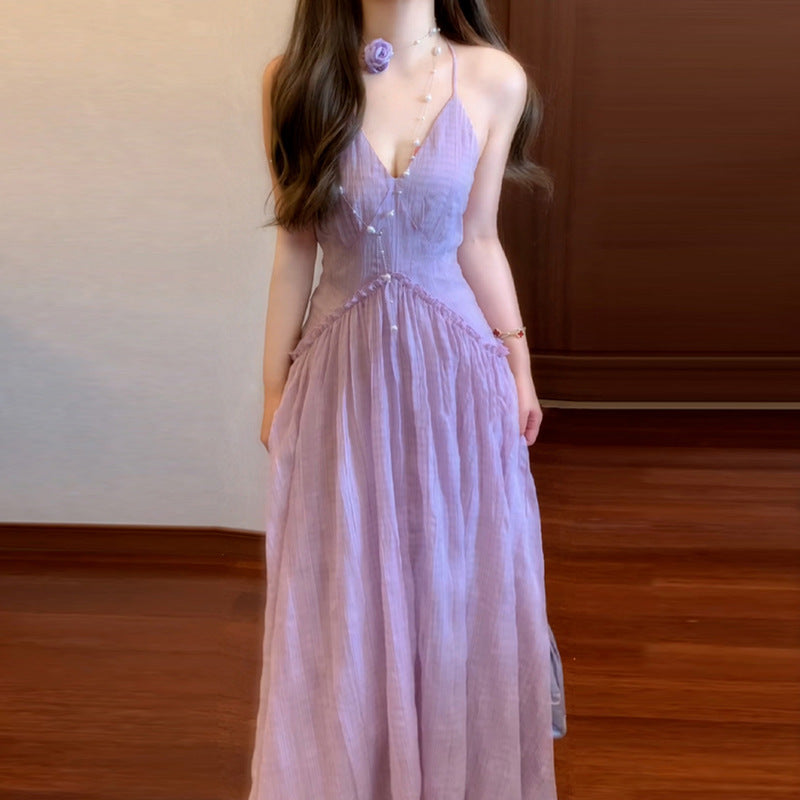 Summer Viral Backless Lilac Suspender Dress for Girls | French-Inspired Seaside Vacation Dress with Breathable Beachwear Design