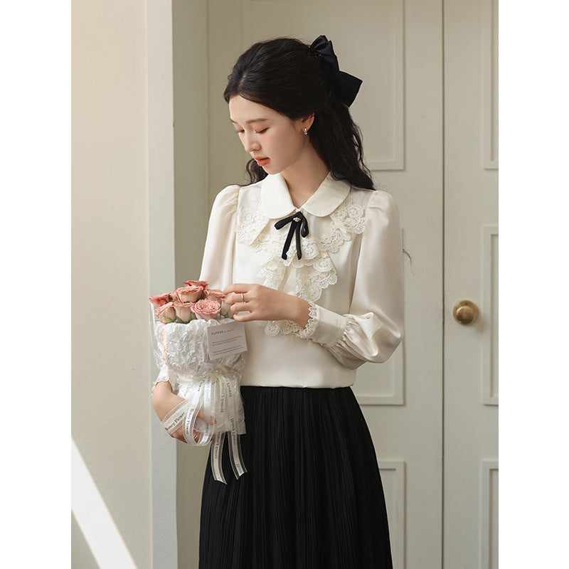 Spring New French Rich Girl Lace Embroidered Bow Doll Collar Satin Long Sleeve Shirt Women