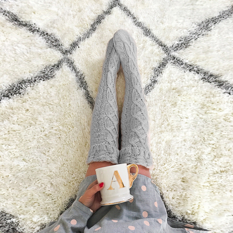 Quality Fashion Twist Flanged Knitted Long Tube Over Knee Stacking Socks Women, Solid Color Medium Long Tube Wool